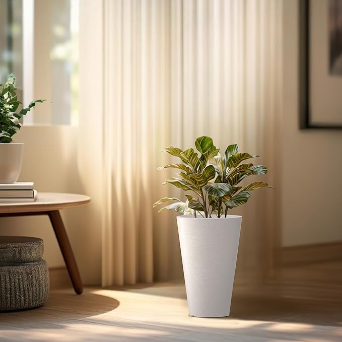 Kante Tall Round Planter Set of 2, 15 Inch Tall Decorative Planter Pots for Outdoor Indoor Garden Patio Front Porch (White)
