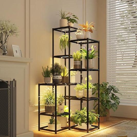 Gnetingbro Corner Plant Stand with Grow Lights Tall Plant Shelf Indoor Outdoor for Multiple Plants Metal Plant Ladder Rack Holder Display Flower Stand for Patio Porch Garden Living Room Black