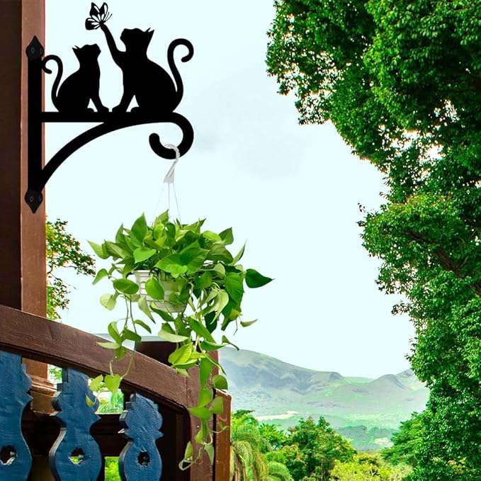 Peacoblue Iron Plant Hangers Hooks for Outdoor Indoor Hanging Plants Fern Pots, Lantern, Bird Feeder, Wind Chimes, 12”x14” Cat Weather Resistant Metal Wall Brackets Holder for Porch, Garden, Home(Cat)