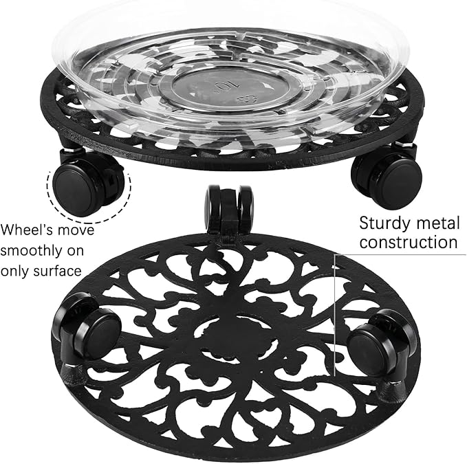 2 Packs 11 Inch Rolling Plant Stand with Wheels Wrought Iron Rolling Plant Stand with Casters Heavy Duty for Indoor Plants Rollers with Plant Saucers, Metal Round Plant Dolly
