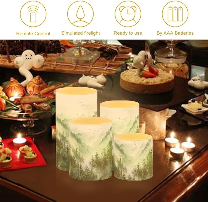 LED Flameless Candles Set Battery Operated Candles Pack of 4 with Remote Control Timer Dancing Flame Pillar Candles for Indoor Home Desktop Decoration, Mountain Tree Green