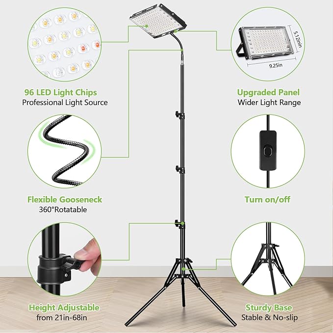LBW Stand Grow Lights for Indoor Plants, Full Spectrum 96 LEDs Plant Grow Light, Upgraded Floor Grow Lamp with Adjustable Tripod Stand 21-68in, On/Off Switch,Ideal for Tall Large Houseplant Growing