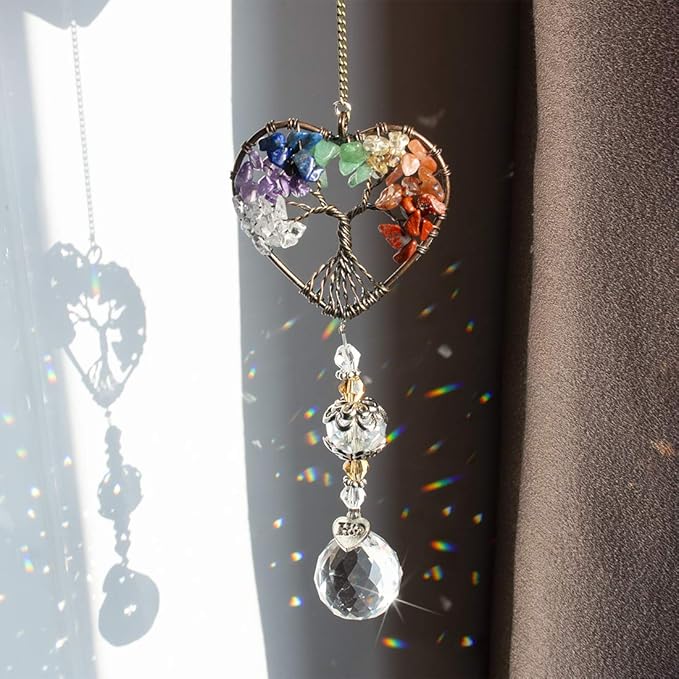 H&D HYALINE & DORA Suncatcher Window Hanging Tree of Life Heart Shaped Crystal Ball Prism Drop Pendant