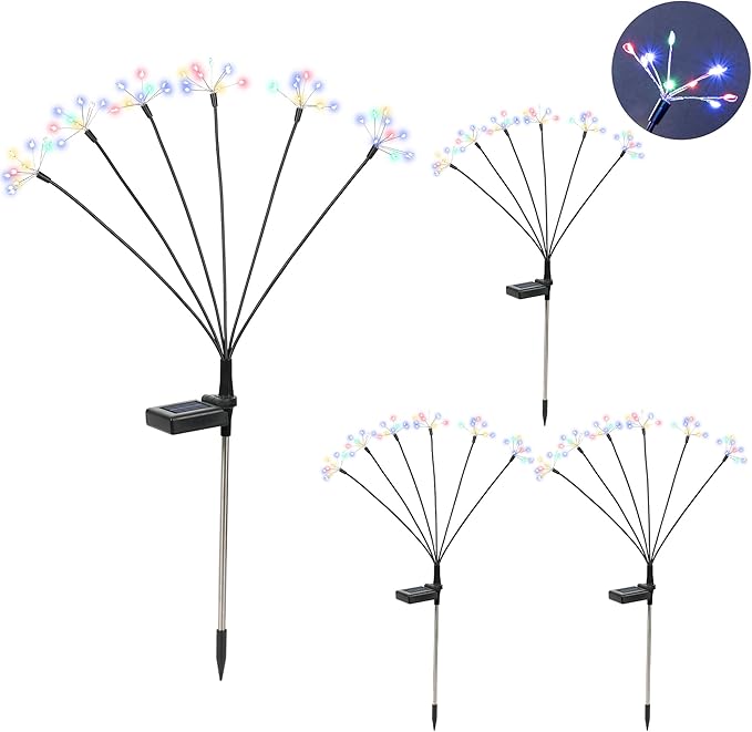 Solar Garden Decor Lights Outdoor, Solar Powered Lights Waterproof for Yard Patio Porch Flowerbed, Fairy Gardening Supplies Gifts Firwork(4 Pack Multi-Colored)