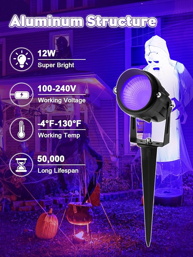 Halloween Black Light Outdoor Spotlight, 12W Purple LED Spotlights Blacklight, Waterproof Spot Landscape Lights with US Plug for Glow Party, Poster, Bar, Yard, Garden Gyms Decor (1Pack)