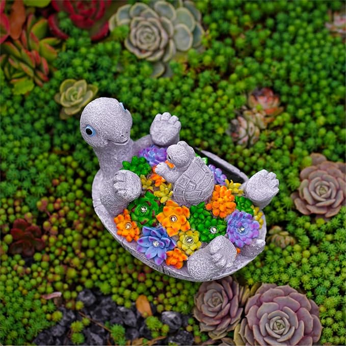 Solar Turtle Figurines Garden Decor, Cute Turtle Statue with Baby with 8 LED Solar Lights Garden Lawn Decorations for Patio & Yard, Gifts for Mom
