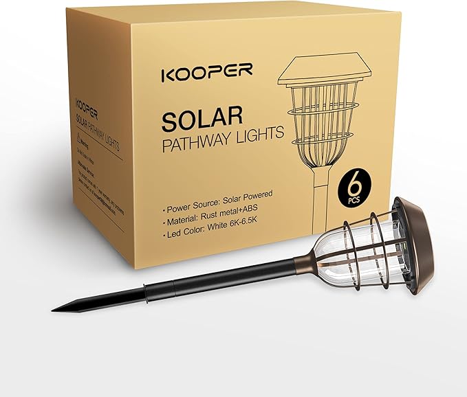 KOOPER Solar Pathway Lights Outdoor, Solar Lights Outdoor, 6 Pack Metal IP65 Waterproof Bright LED Solar Lights for Walkway Garden Yard Patio Decoration, White Light