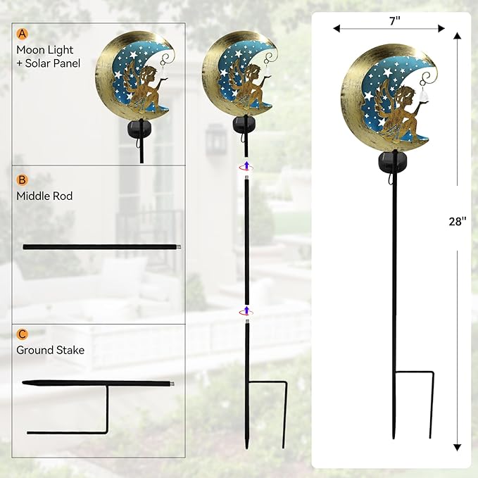 Solar Angel Moon Garden Stake Light – Outdoor Metal Yard Decoration with Crystal Pendant, Waterproof LED Light for Patio, Pathway, Lawn – Rustic Gold & Blue
