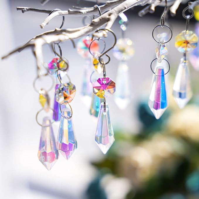 50pcs Colorful Crystal Icicle Prisms for Chandeliers, 38mm Chandelier Crystals Glass Prisms Pendants, Chandelier Crystals Replacement Parts with Octogan Beads for Wedding,Party Decoration
