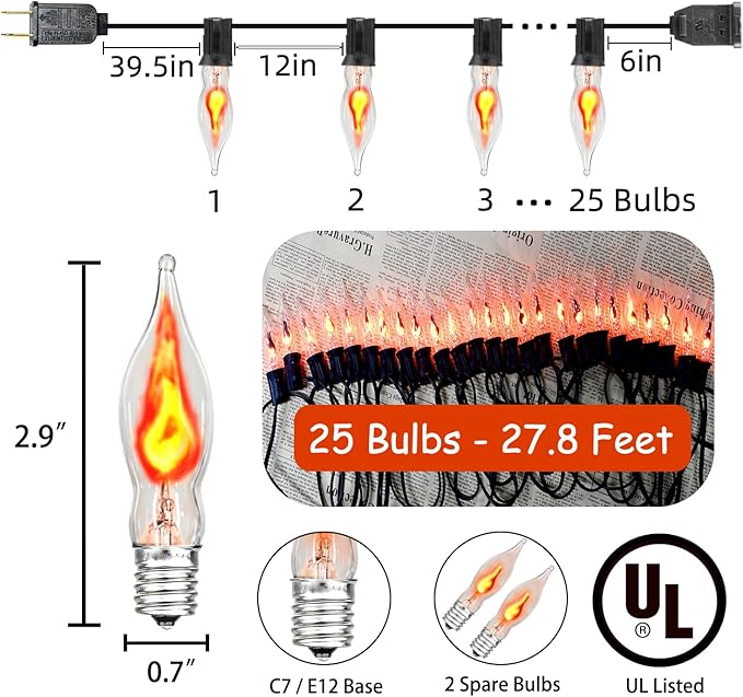 27.8Ft Halloween Decorations Flickering Flame String Lights with 29 Pack Clear Glass Flame Light Bulbs (4 Spare), E12 Base, Great for Christmas Halloween Indoor Outdoor Home Party Decor, Black Wire