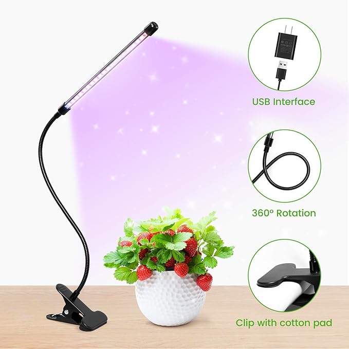 Clip Grow Light for Indoor Plants, Red Blue Spectrum Plant Growing Lamp with 3 Switch Modes,10-Level Dimmable,Auto ON & Off,3/9/12H Timer,Adjustable Gooseneck,580 Lumen,Input Volateg 5W