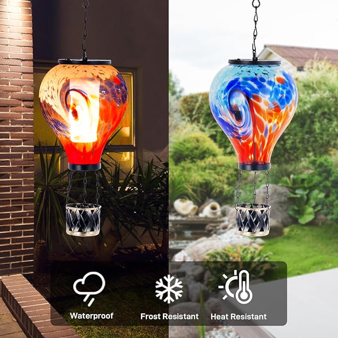 Starsoul Unique Hot Air Balloon Solar Lantern Glass Outdoor Hot Air Balloon Solar Flickering Flame Light Waterproof Hanging Solar Lantern with Big Basket for Garden Yard Patio Decor