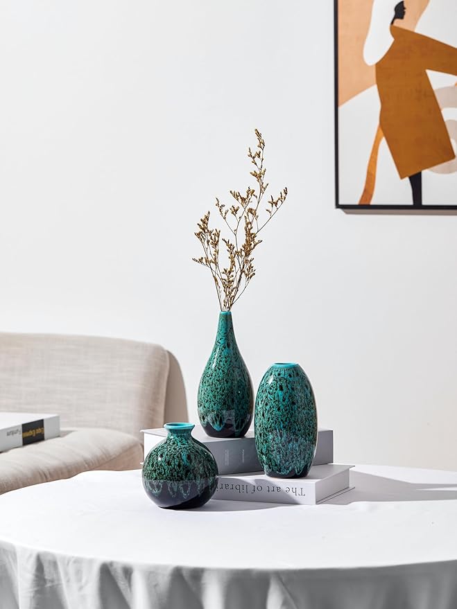 Ceramic Bud Vase Set, Fambe Blue Glazed Finish, Decorative Flower Vases (Blue-Set of 3)