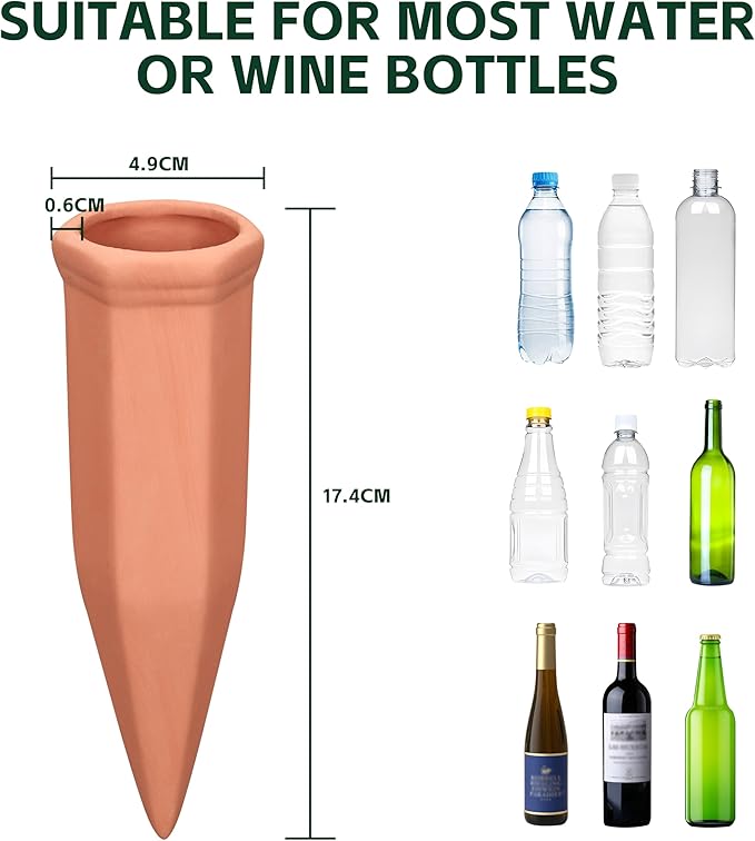 Terracotta Watering Spikes, Wine Bottle Watering Stakes, Slow Release Self Watering Planter Insert for Out | Indoor Plants, Vacation Plant Watering Devices, Automatic Plant Waterer, 4-Pack