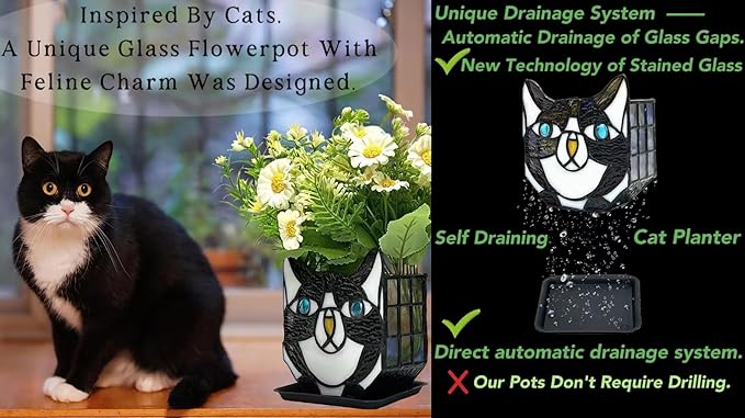 Tiffany Cute Cat Stained Glass Flower Pots,Indoor and Outdoor Plant Displays,Black Cat Plant Planter,Candle Holder Container Decoration 4.6 x 5.15 x 3 inch(Without Succulents)