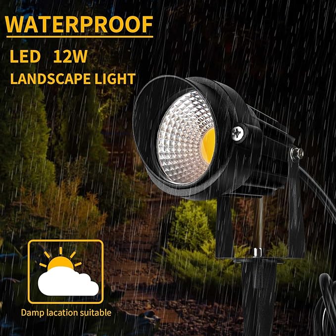 Warm White Spot Lights Outdoor, 12W 3000K Landscape Spot Lights, IP65 Waterproof Garden Lighting, Metal Case COB LED Lights for Lawn Lamp US 3- Plug Yard Christmas Decoration with Stakes(2 Pack)