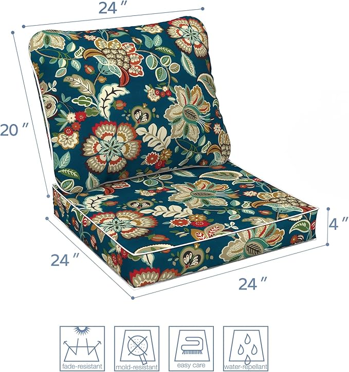 LVTXIII Outdoor/Indoor Deep Seat Cushion Patio Seat and Back Cushion Set All-Weather Replacement Chair Cushion for Wicker Chairs and Garden Furniture Decoration, 24"x24"x4", Peacock Blue