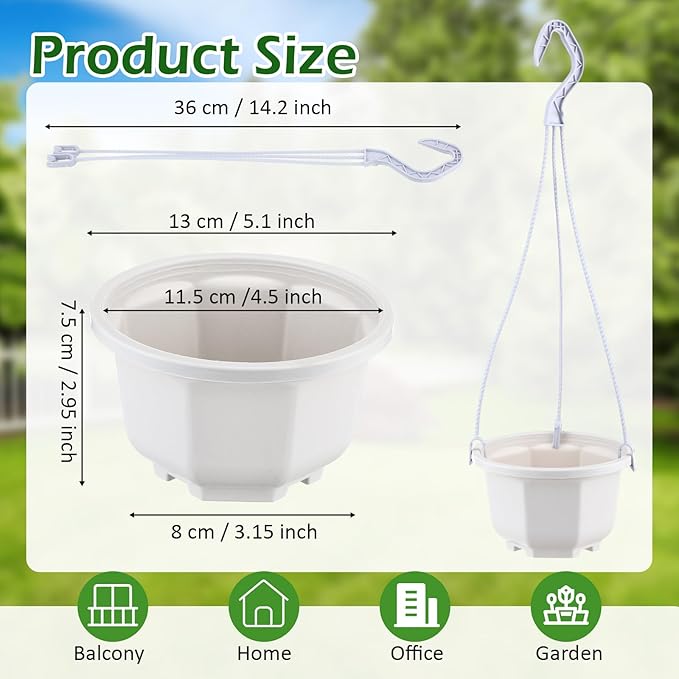 Roshtia 24 Pcs Hanging Plastic Planter Pot with Hook Flower Pots Baskets Hanging Nursery Planter Holder for Outdoor Indoor Plant Garden (Ceramic White,5 Inch)