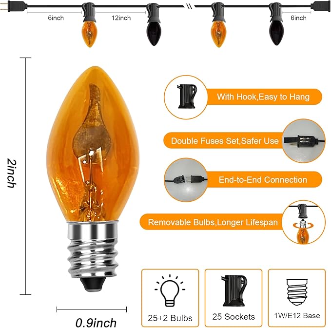 25Ft C7 Halloween Orange Purple String Lights Outdoor, Christmas Decorations Patio Lights with 25 Orange/Purple Flickering Flame Lights Waterproof UL Listed for Outdoor Party Garden Bistro Roof Decor