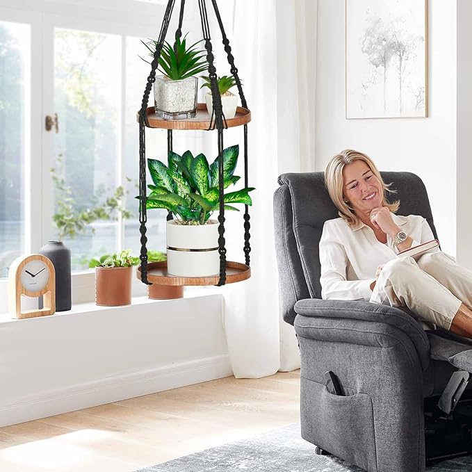 2 Tier Macrame Plant Hanger | Plant Hanger Indoor, Hanging Planter | Hanging Planter Shelf (Black) (Large, 12" Shelf)