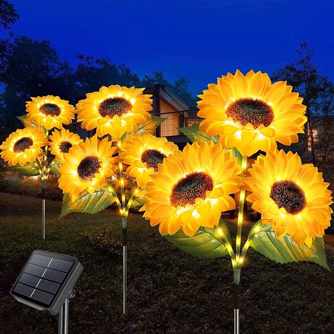 Homeleo Solar Lights Outdoor Garden Waterproof,Upgraded 3-Pack 9 Flowers Solar Sunflowers Stake for Yard Decor,LED Artificial Flowers for Lawn Patio Porch Flowerbed Pathway Grave Cemetery Decorations
