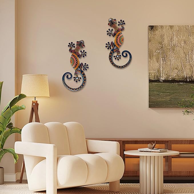 LIFFY Metal Lizard Gecko Wall Art - 2 Pack 15 Inch Metal Wall Decor, Lizard Outdoor Hanging Glass Sculpture Decoration for Yard Garden Art, Patio Fence Home, Unique Gift Ideas