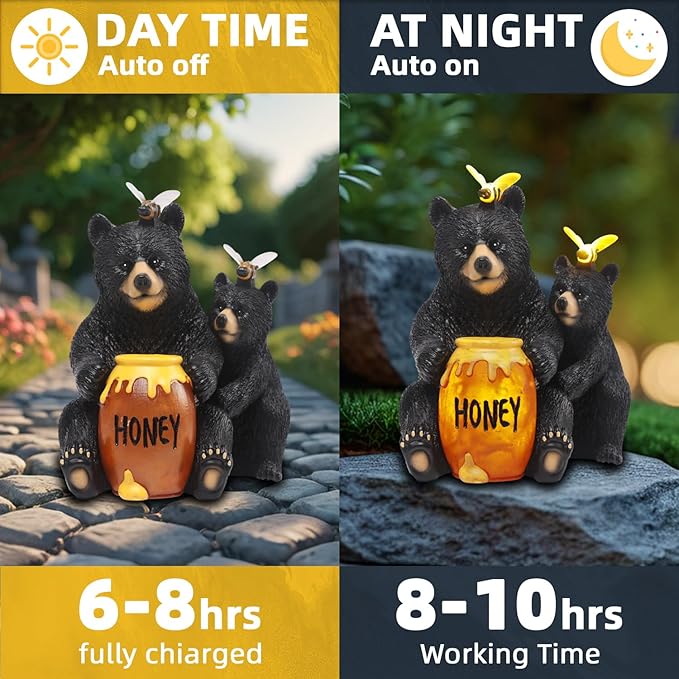 Solar Garden Decor Statues 7" Resin Mother&Cub Bear Figurines with Honey Jar Waterproof Black Bear Decor for Outside Yard Patio Porch Decoration Gift for Mom Grandma