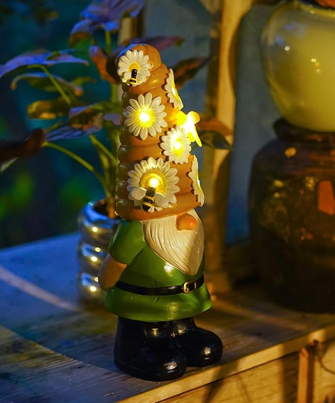 Solar Gnome Garden Statue for Decor: Outdoor Figurines Sculpture with Lights and Bee for Lawn Patio Yard Balcony - Gifts for Mom Women