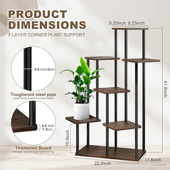 7 Tier Wood Tall Plant Stand Metal Rack Indoor, Multiple Flower Pot Holder Shelves Corner Rack, Planter Shelf Display Rack Storage Organizer for Patio Living Room Balcony Garden(Black Oak)