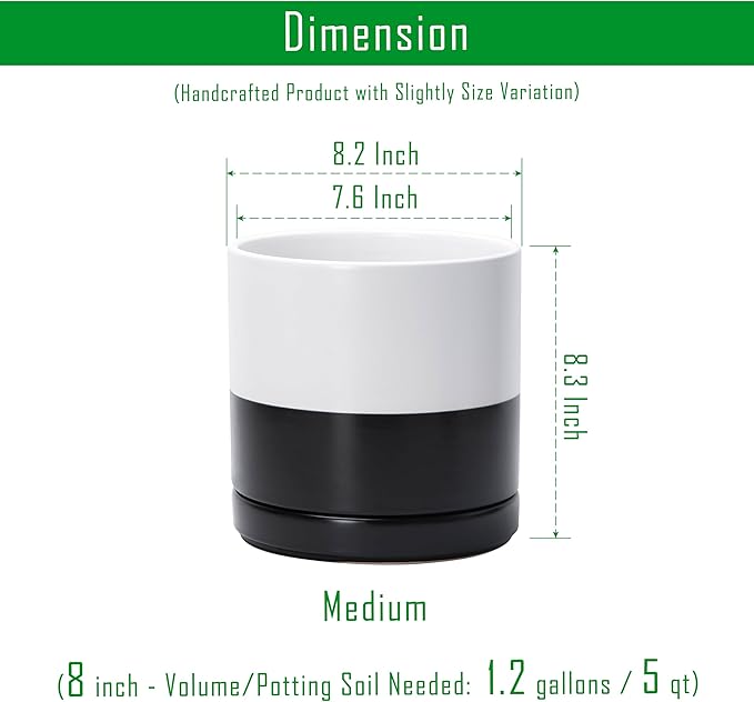 D'vine Dev 8.2 Inch Ceramic Planter Pot with Drainage Hole and Saucer, Indoor Cylinder Round Planter Pot, Layered Monochrome Black & White, 94-O-D-L