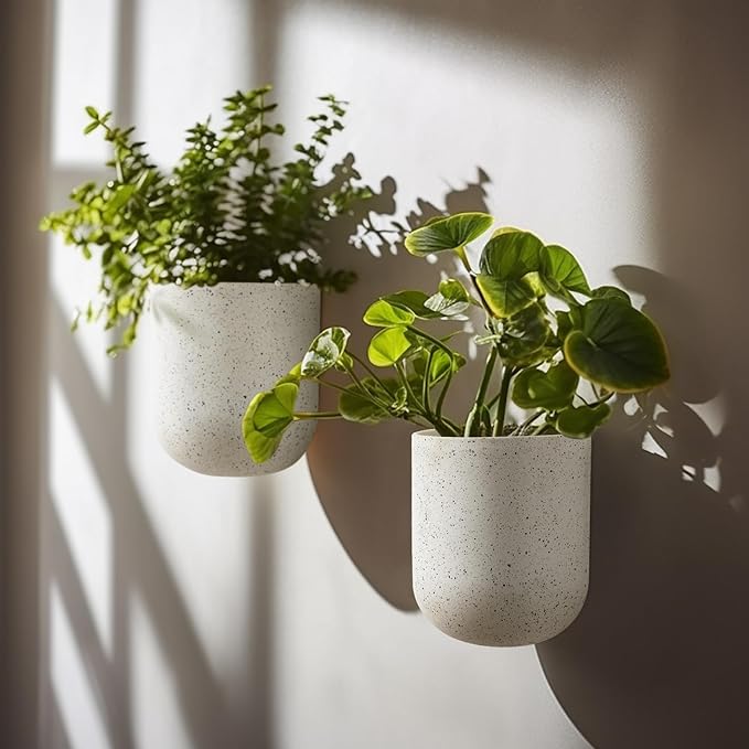 LA JOLIE MUSE Wall Hanging Planters for Indoor Plants，Hanging Flower Pots for Air Plants Succulent, Set of 2, 6 Inch, Speckled White