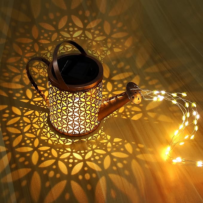 Solar Watering Can with Lights, Outdoor Garden Decor, Hanging Lantern Waterproof, Metal Solar Waterfall Lights for Yard Patio