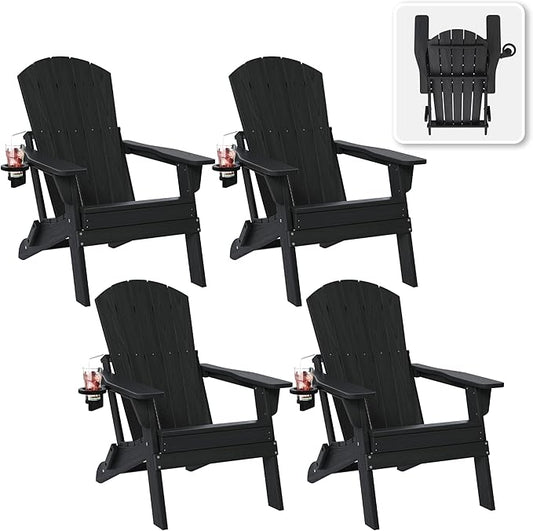 Folding Adirondack Chair Set of 4 with Cup Holder, HDPE All Weather Resistant Plastic Outdoor Patio Chairs, Heavy Duty Fire Pit Seating for Backyard Lawn Garden, Wooden Textured Design(Black)