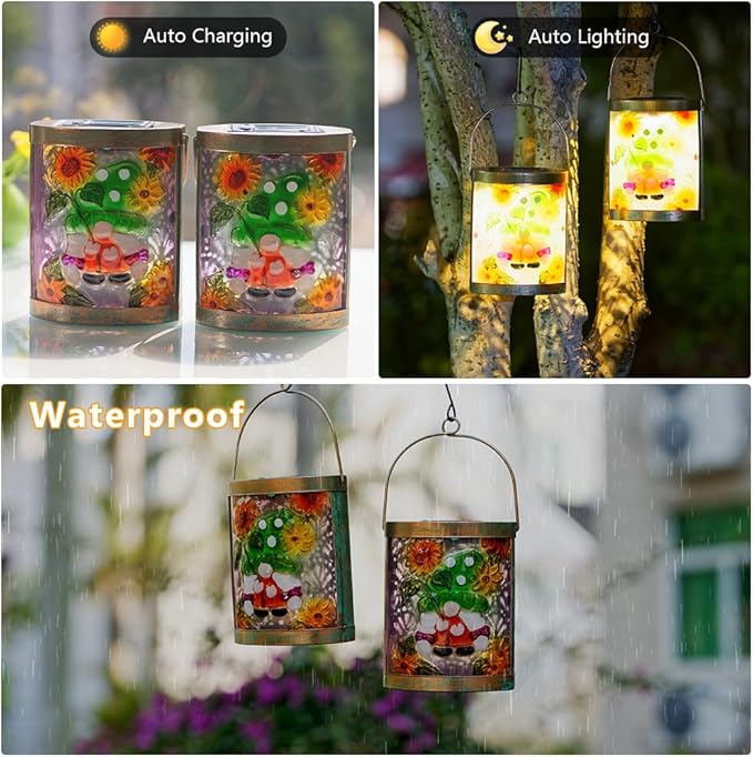 Starsoul 2 Pack Hanging Solar Lantern Outdoor Waterproof Glass Gnome and Sunflowers Decorative Solar Lights for Outside Garden Yard Table Patio Decor