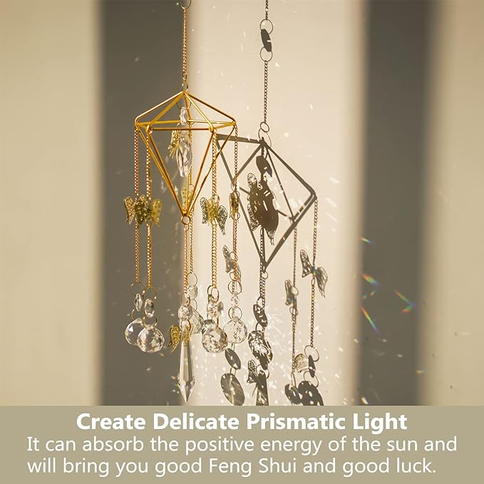 Sun Catchers with Crystals Indoor Window, Handmade Gold Plated Angel Suncatcher, Wind Chime Rainbow Maker Pendant