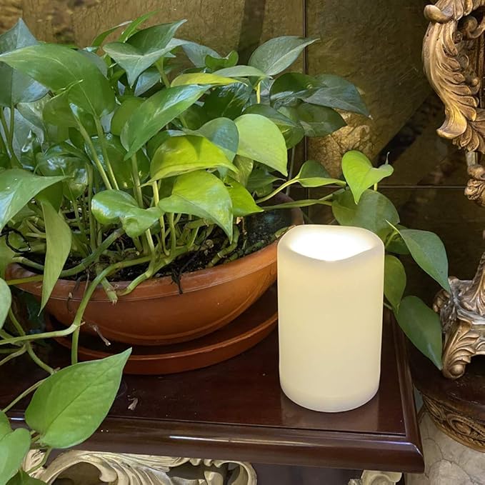 CANDLE CHOICE Waterproof Outdoor Battery Operated Flameless Candle with Timer Large Plastic Resin Bright Flickering Electric LED Pillar Lantern Patio Garden Wedding Christmas Decorations 4”(D) x6”(H)