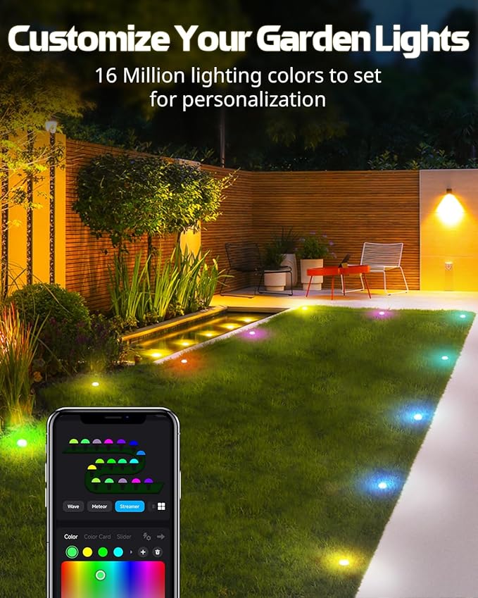 Outdoor Ground Lights, 33ft RGB+IC Outdoor Lights for Patio, 15 Pack Pathway Lights with App Bluetooth Control, LED Patio Lights with IP65 Waterproof for Garden Decor, Mulitiple Scene Modes