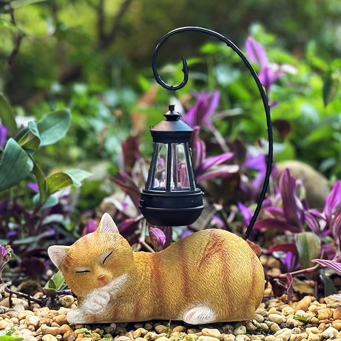 Solar Lantern Cat Statue Outdoor Garden Decor, 13 Inch Tall Cat Statues Resin Cat Figurine with Solar Light, Outdoor Statue Garden Cat Statue Decor for Pathway Yard Lawn Patio & Porch, Gift for Mom