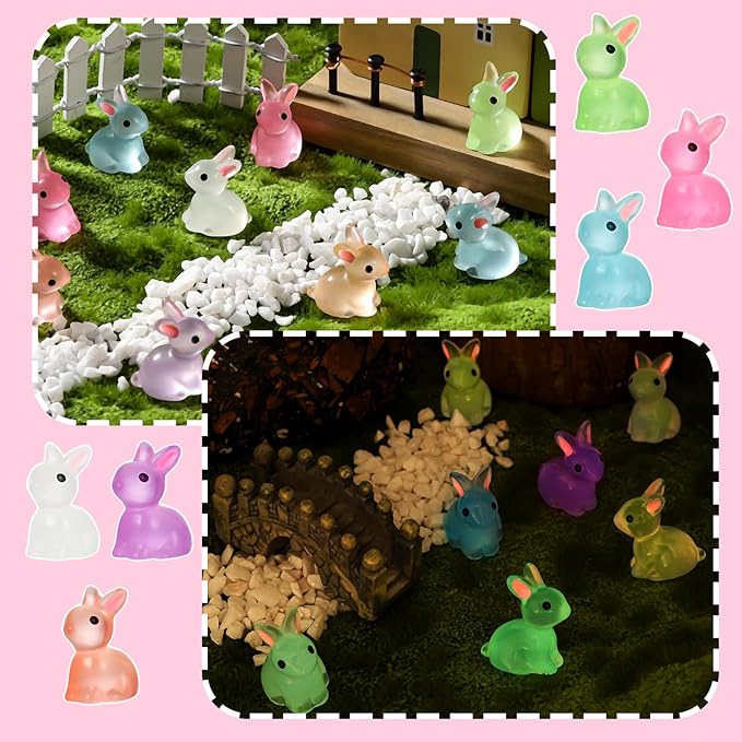 140Pcs Mini Resin Luminous Bunnies Glow in Dark Resin Rabbit Figures for Fairy Garden Luminous Mini Portrait Fairy Garden DIY Christmas Party Ornament Accessories Charms Party Favors