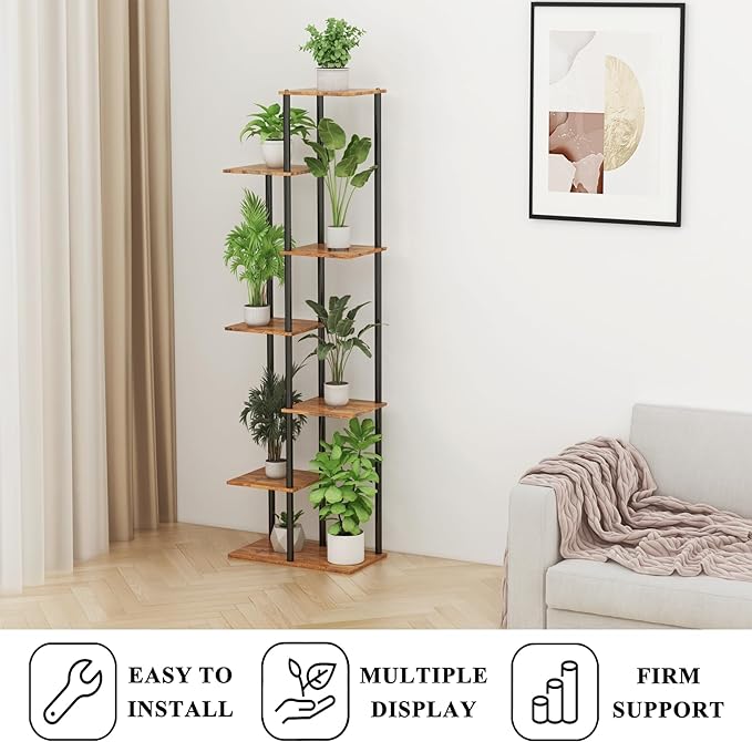 Plant Stand Indoor 7 Tier 8 Potted Metal Wood Plant Shelf, Multiple Flower Pots Corner Tall Plant Holder Stands for Living Room Balcony Bedroom, Rustic Brown