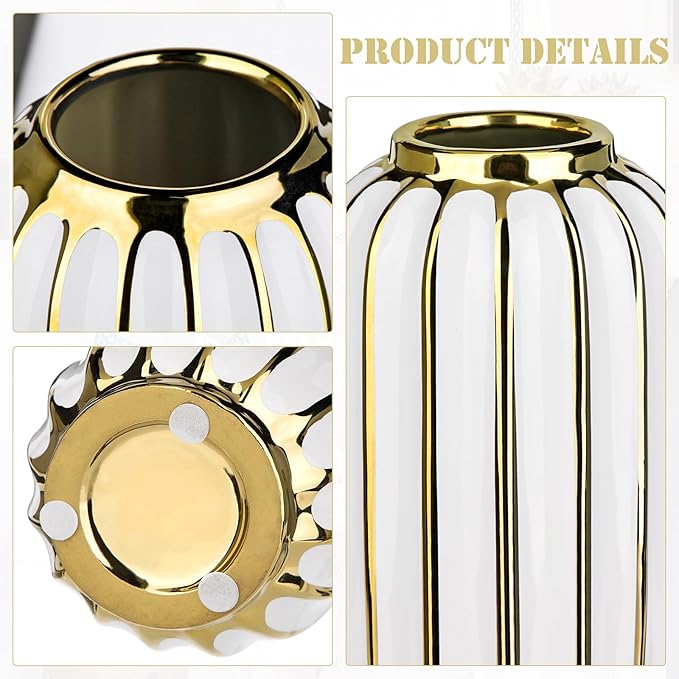 Briful Gold Plated Lantern Ceramic Vase Home Decor Creative Design Porcelain Decorative Flower Vase 11.02'' White Ceramic Vases for Wedding Anniversary Decoration