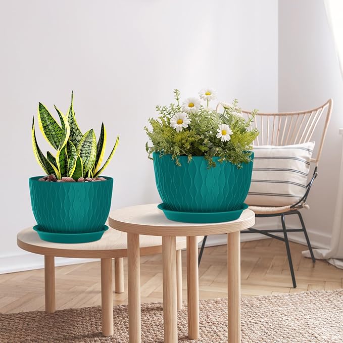 Plant Pots 12/10/9 Inch Pots, Set of 3 Plastic Planters with Drainage Holes and Saucers,Plastic Flower Pots,Nursery Planting Pot for Indoor Out Door Plants（Teal）