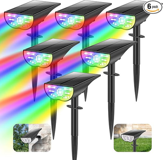 Solar Color Changing Spot Lights Outdoor, Multi-color RGB Solar Landscape Lights IP67 Waterproof, 9 Lighting Modes Solar Powered Spotlights for Christmas Holiday Decorations Yard Garden, 6-Pack