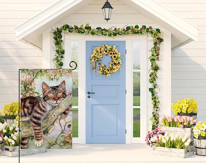 BLKWHT Spring Cat Garden Flag 12x18 Vertical Double Sided Pink Floral Farmhouse Holiday Outside Decorations Burlap Yard Flag BW573