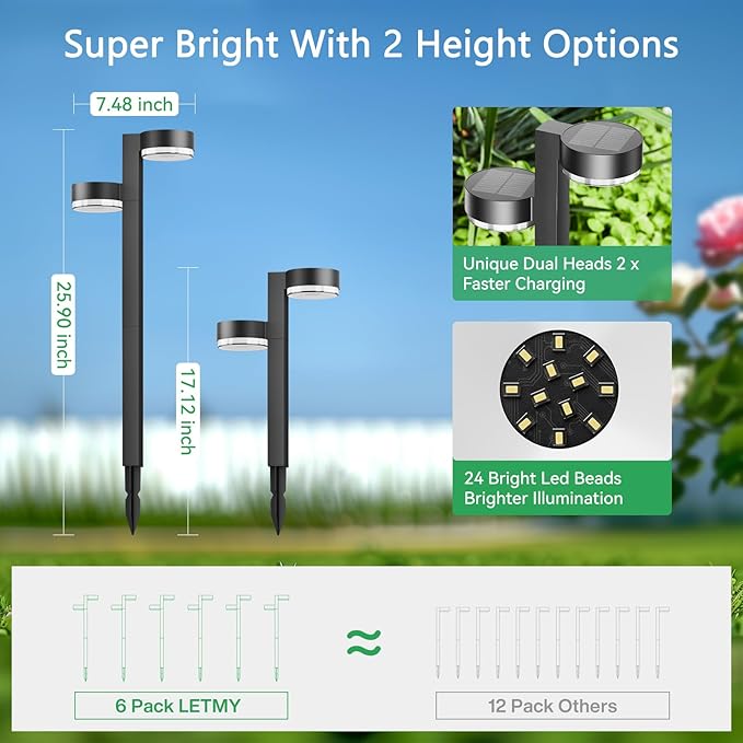 Solar Pathway Lights Outdoor, 4 Pack Brighter Modern Dual-Head Outdoor Solar Lights for Outside Up to 12Hrs, IP65 Waterproof Solar Garden Lights for Yard Landscape Path Walkway Decoration