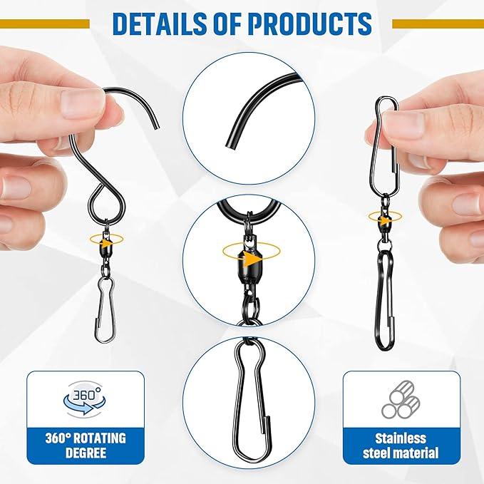 Jetec Wind Spinner Swivel Hooks 360 Degree Dual Spinning Windsock Chime Supplies Hanger Swivels Clip Hanging Hooks with Storage Box for Wind Spinners Supply, 2 Styles (Black,30 Pieces)