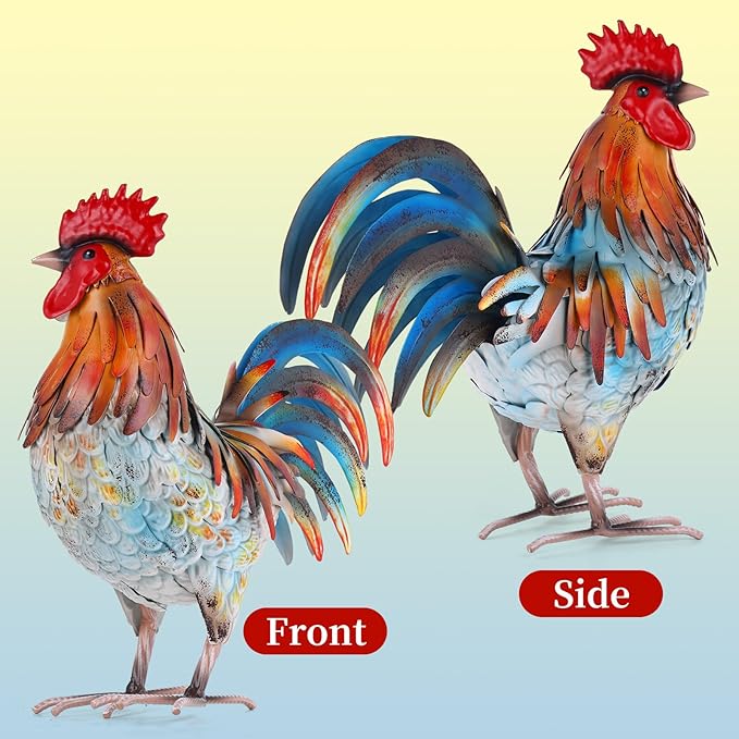 Metal Rooster Decor Garden Statue,Yard Chicken Decorations Outdoor Sculpture for Backyard Patio Kitchen Lawn Ornaments,Birthday for Women Mom