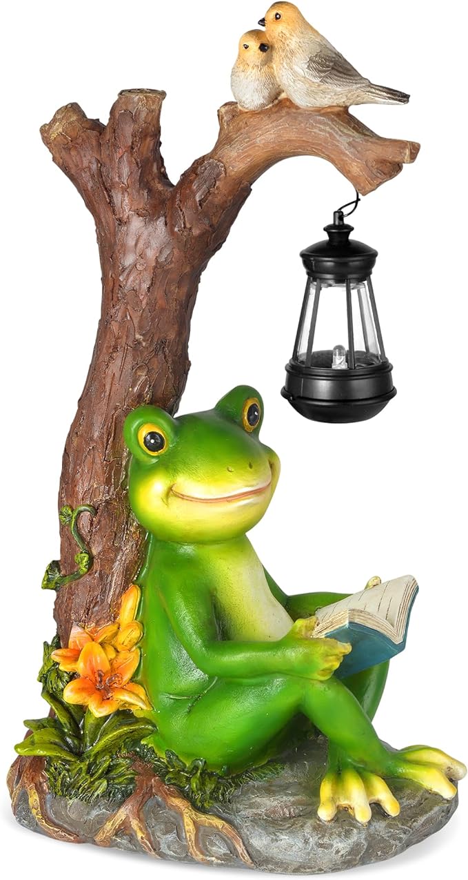 Outdoor Funny Frog Statue, Resin Reading Frogs Garden Decor, Solar Frog Gift Sculpture Decoration for Home Patio, Yard, Lawn, Porch, Ornament