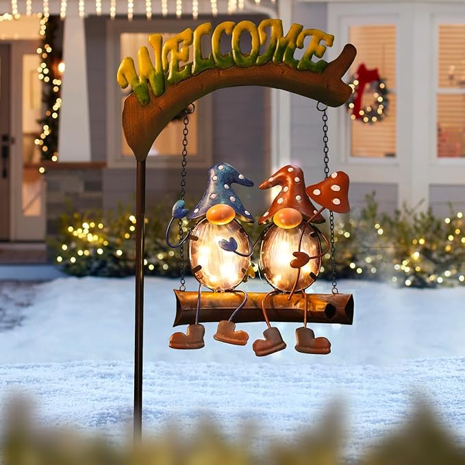 HONGLAND Solar Lights Outdoor Decor, Gnomes Swing Garden Decor, Funny Gifts for Women Mom, Gnomes Outdoor Decorations with Welcome Sign for Front Porch Patio