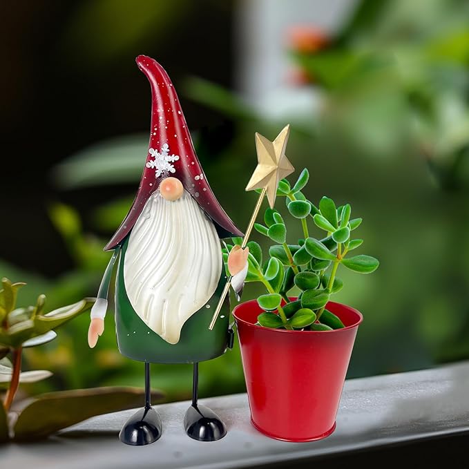 HONGLAND Outdoor Decorations Metal Gnome Yard Art Garden Gnomes Statue 13 Inch Santa Figurine, Succulent Flower Pot, Fun Metal Planter